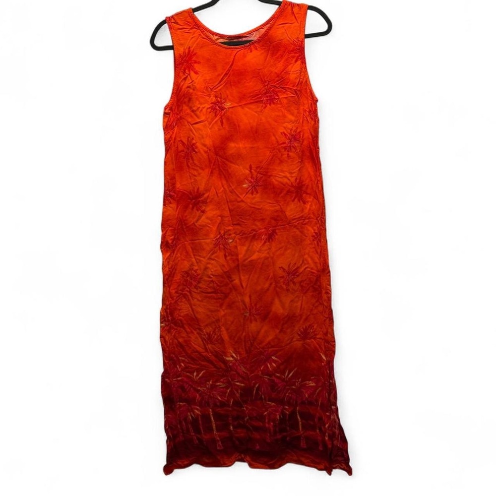 Vintage Sunset Sun Dress Red Orange Tropical Palm Tree Sleeveless Midi Medium